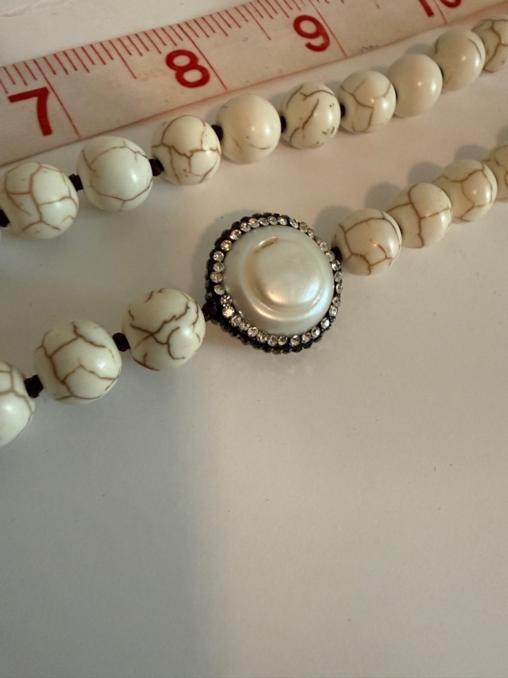 Cream Stone Beaded Necklace Pavé Crystal Long - Picture 6 of 7